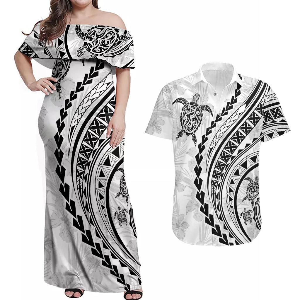 Polynesian Pride Couples Matching Off Shoulder Maxi Dress and Hawaiian Shirt Turtle Hibiscus Luxury Style - White LT7 - Wonder Print Shop