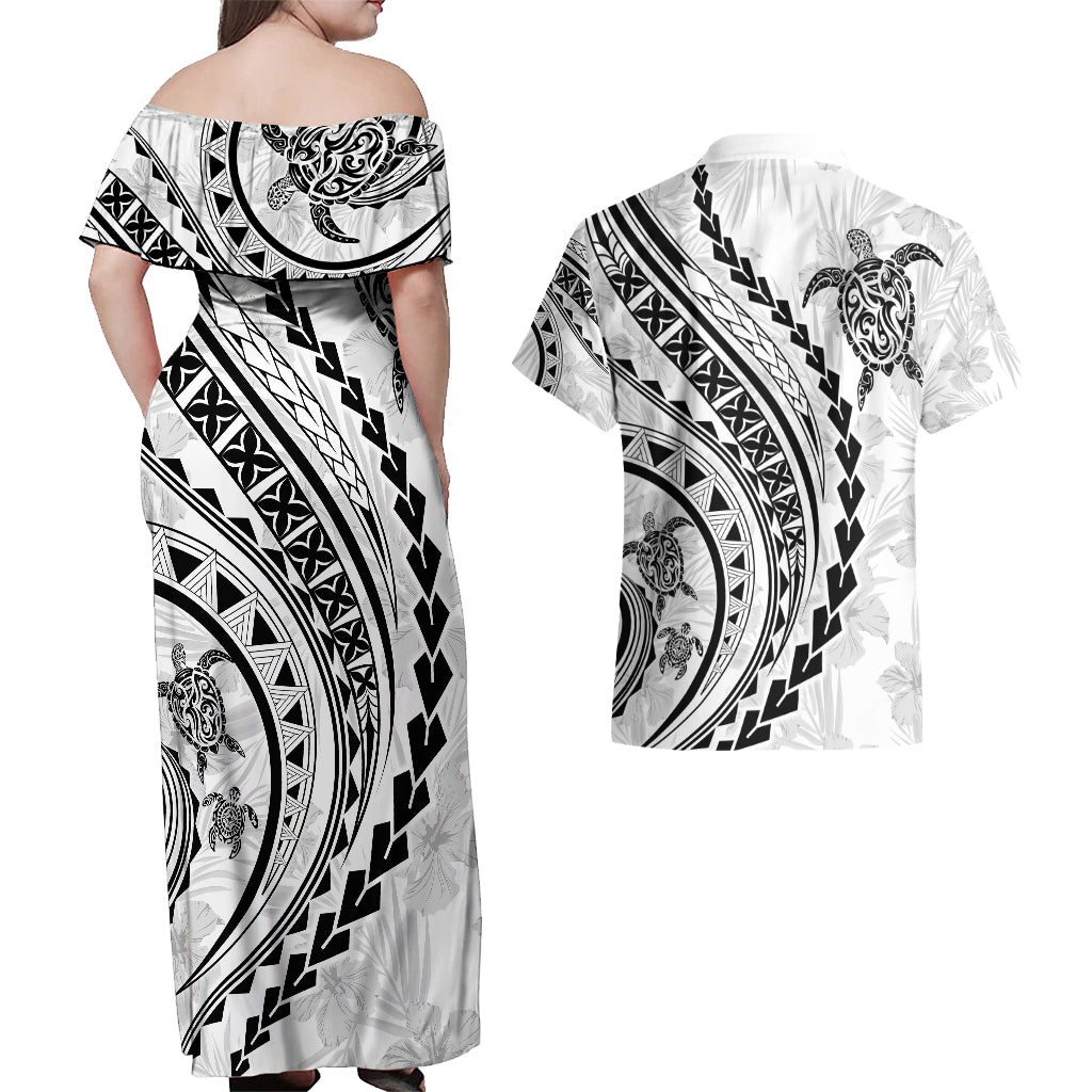 Polynesian Pride Couples Matching Off Shoulder Maxi Dress and Hawaiian Shirt Turtle Hibiscus Luxury Style - White LT7 - Wonder Print Shop