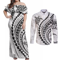 Polynesian Pride Couples Matching Off Shoulder Maxi Dress and Long Sleeve Button Shirts Turtle Hibiscus Luxury Style - White LT7 - Wonder Print Shop