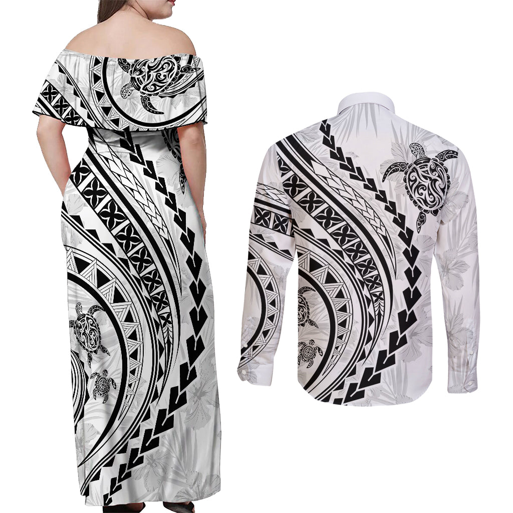 Polynesian Pride Couples Matching Off Shoulder Maxi Dress and Long Sleeve Button Shirts Turtle Hibiscus Luxury Style - White LT7 - Wonder Print Shop