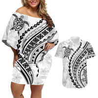 Polynesian Pride Couples Matching Off Shoulder Short Dress and Hawaiian Shirt Turtle Hibiscus Luxury Style - White LT7 - Wonder Print Shop