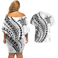 Polynesian Pride Couples Matching Off Shoulder Short Dress and Hawaiian Shirt Turtle Hibiscus Luxury Style - White LT7 - Wonder Print Shop