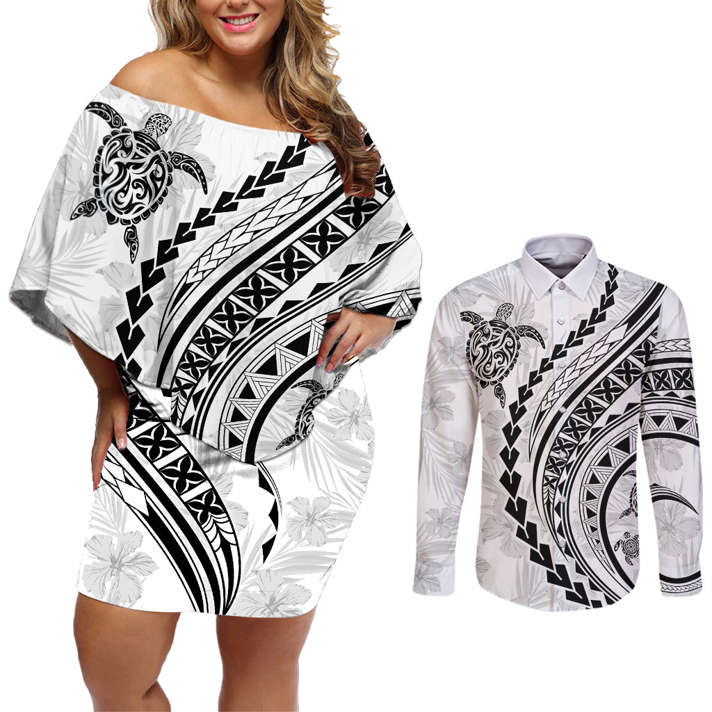 Polynesian Pride Couples Matching Off Shoulder Short Dress and Long Sleeve Button Shirts Turtle Hibiscus Luxury Style - White LT7 - Wonder Print Shop