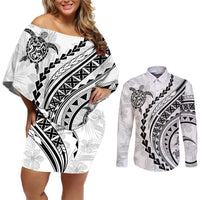 Polynesian Pride Couples Matching Off Shoulder Short Dress and Long Sleeve Button Shirts Turtle Hibiscus Luxury Style - White LT7 - Wonder Print Shop