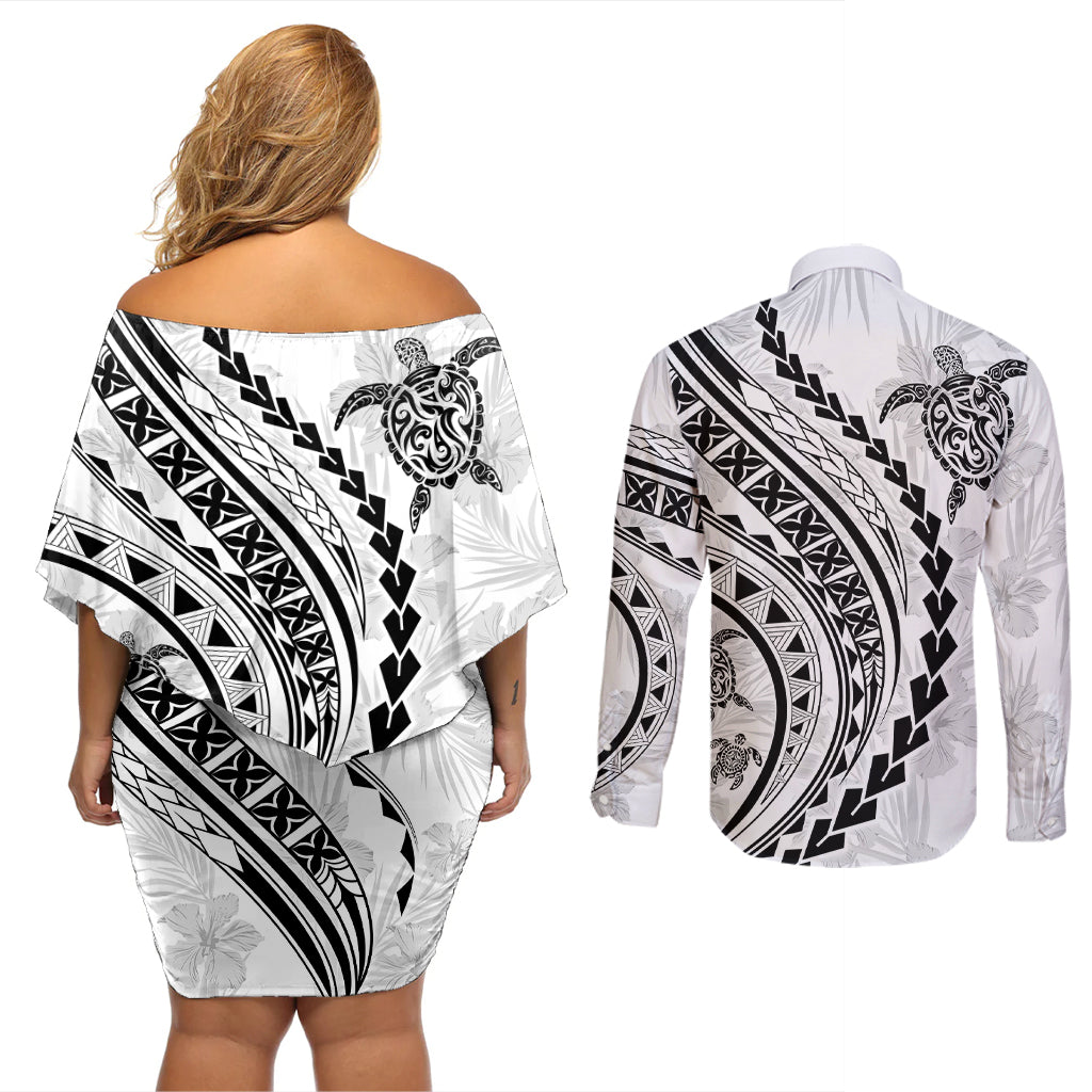 Polynesian Pride Couples Matching Off Shoulder Short Dress and Long Sleeve Button Shirts Turtle Hibiscus Luxury Style - White LT7 - Wonder Print Shop