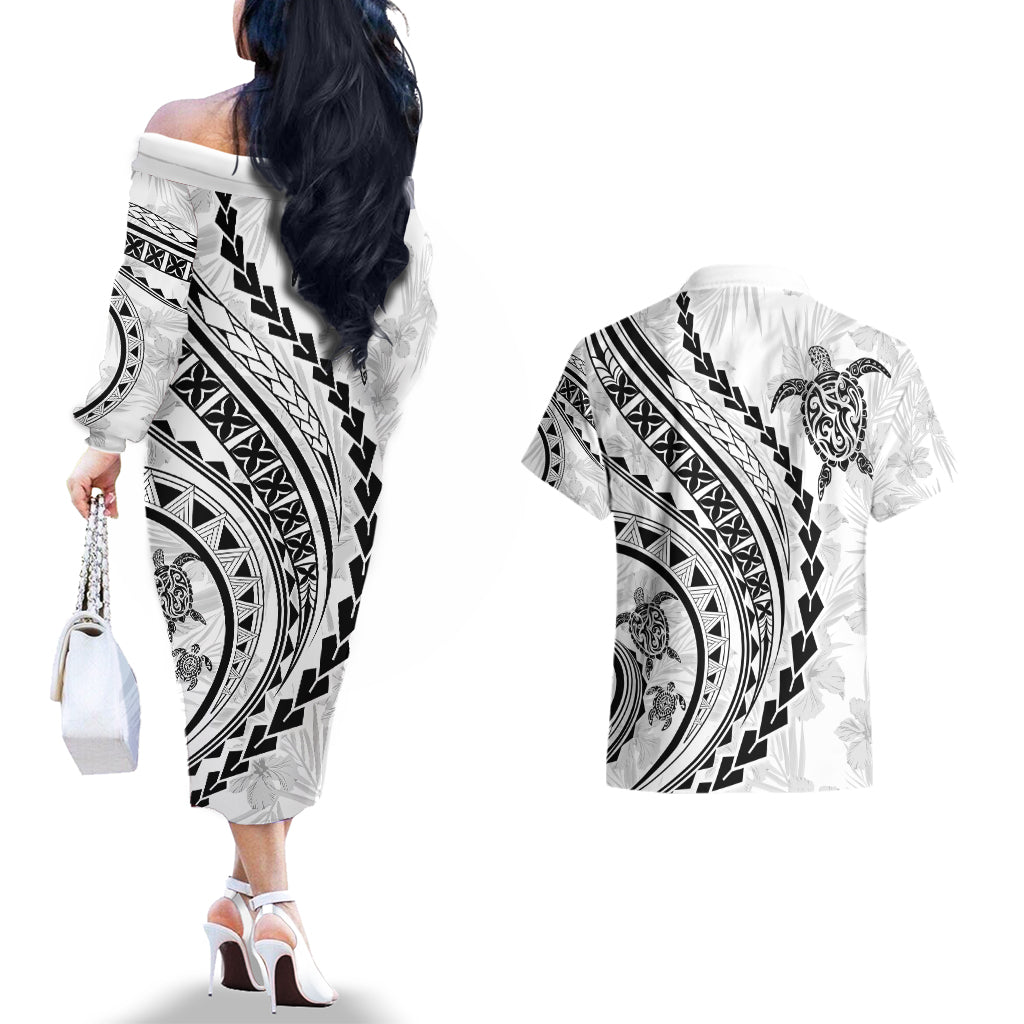 Polynesian Pride Couples Matching Off The Shoulder Long Sleeve Dress and Hawaiian Shirt Turtle Hibiscus Luxury Style - White LT7 - Wonder Print Shop