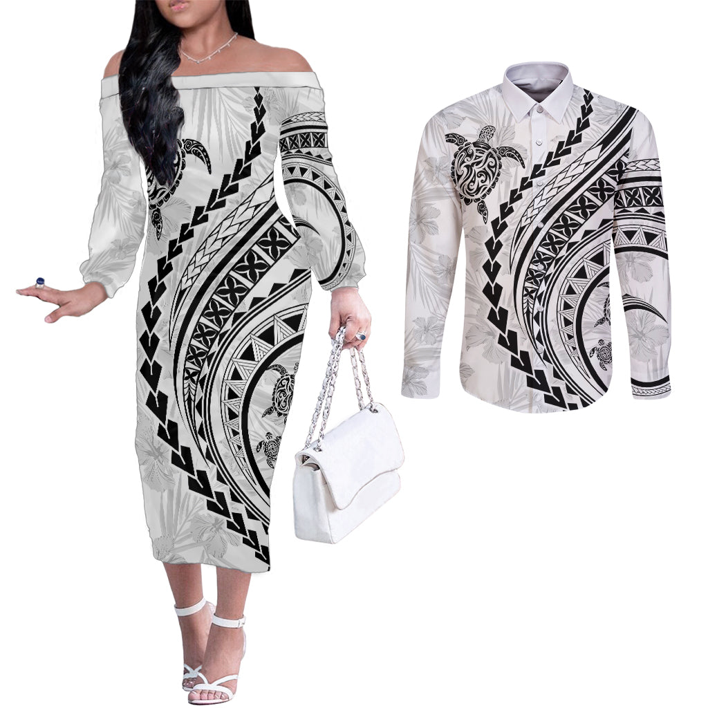 polynesian-pride-couples-matching-off-the-shoulder-long-sleeve-dress-and-long-sleeve-button-shirts-turtle-hibiscus-luxury-style-white