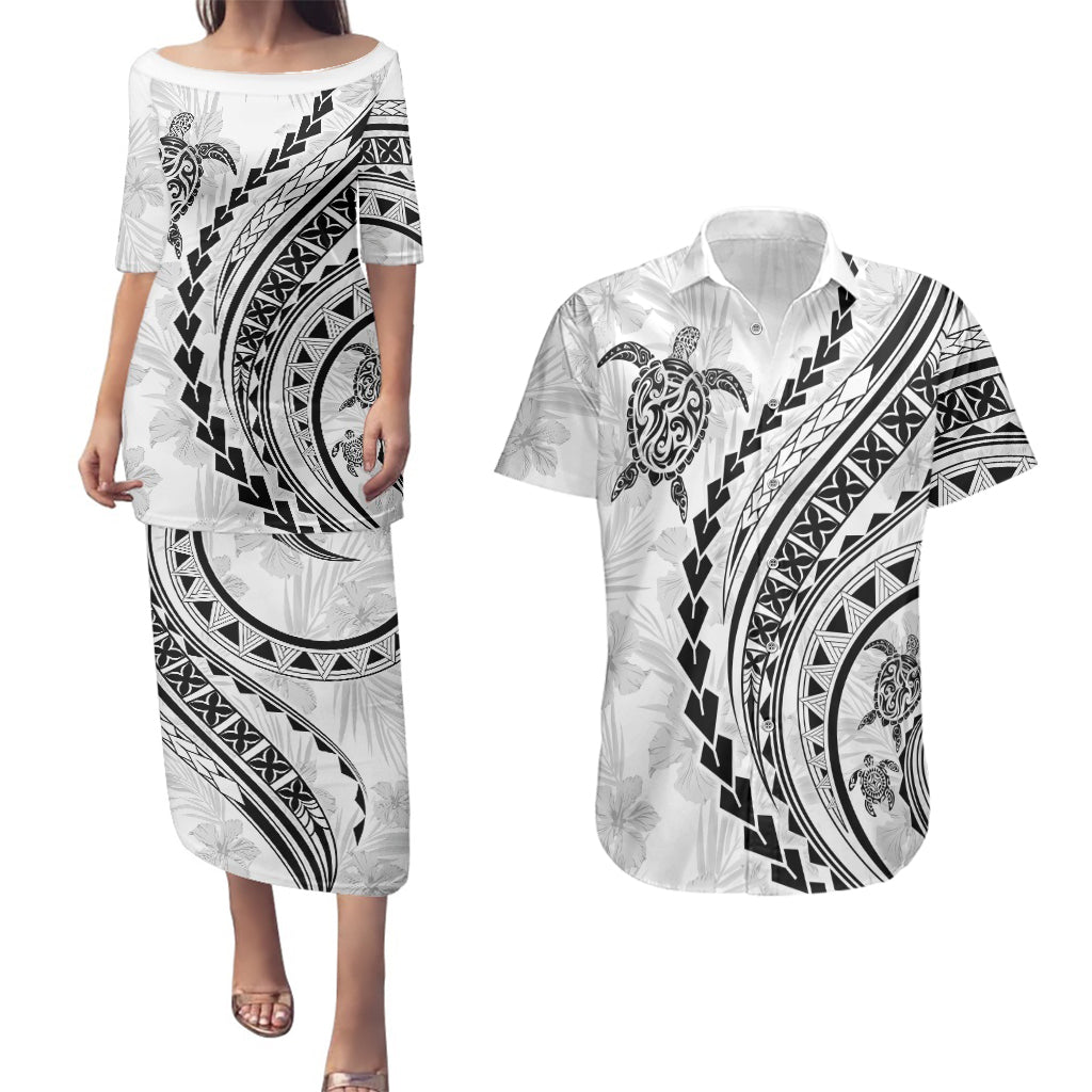 Polynesian Pride Couples Matching Puletasi Dress and Hawaiian Shirt Turtle Hibiscus Luxury Style - White LT7 - Wonder Print Shop