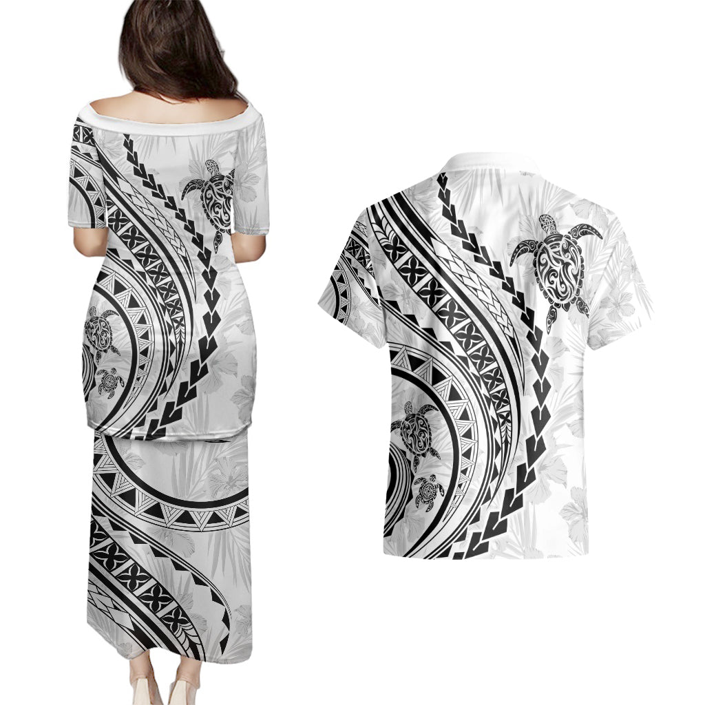 Polynesian Pride Couples Matching Puletasi Dress and Hawaiian Shirt Turtle Hibiscus Luxury Style - White LT7 - Wonder Print Shop