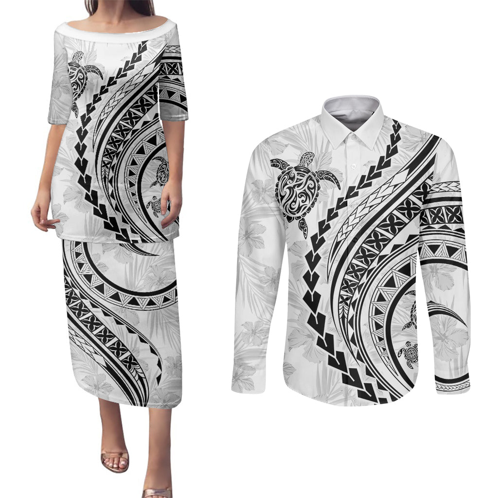 Polynesian Pride Couples Matching Puletasi Dress and Long Sleeve Button Shirts Turtle Hibiscus Luxury Style - White LT7 - Wonder Print Shop