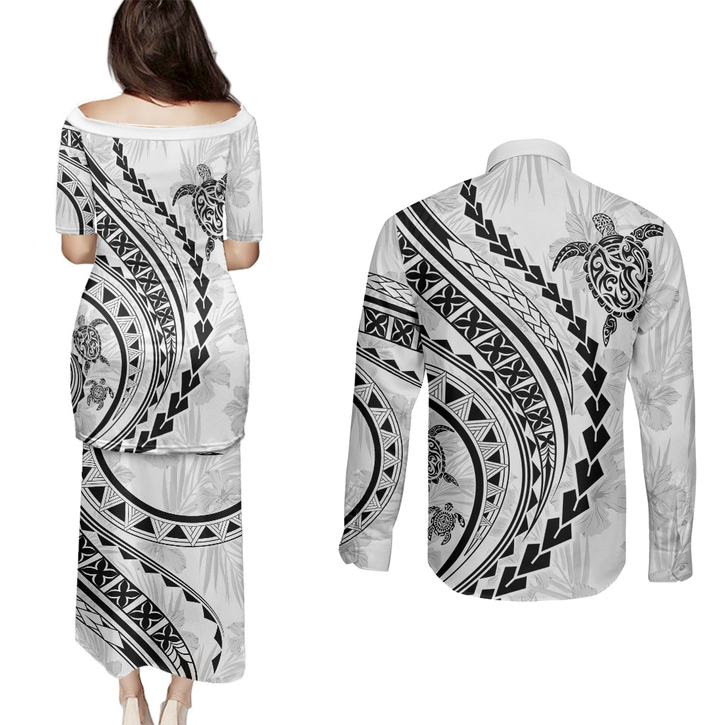 Polynesian Pride Couples Matching Puletasi Dress and Long Sleeve Button Shirts Turtle Hibiscus Luxury Style - White LT7 - Wonder Print Shop
