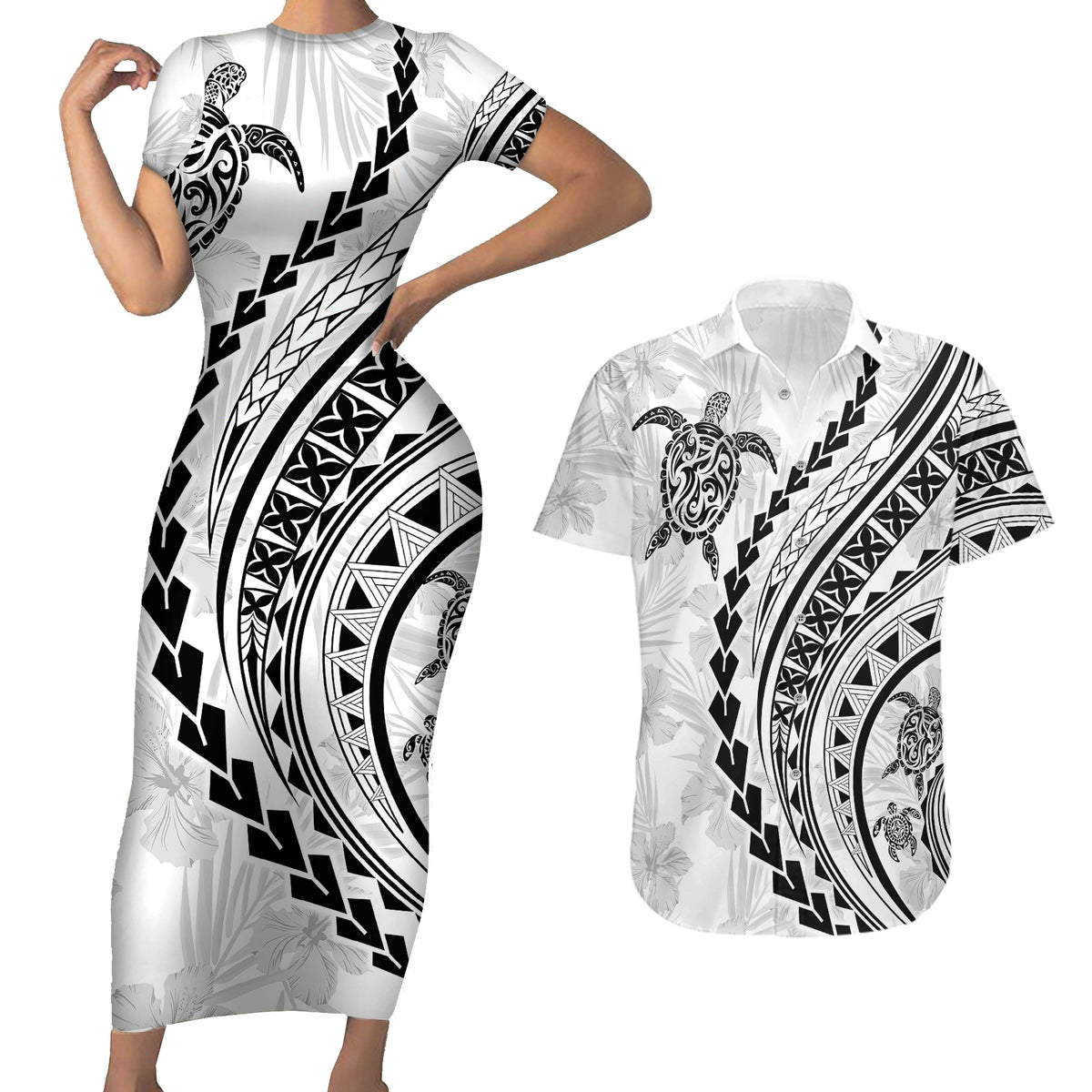 Polynesian Pride Couples Matching Short Sleeve Bodycon Dress and Hawaiian Shirt Turtle Hibiscus Luxury Style - White LT7 - Wonder Print Shop
