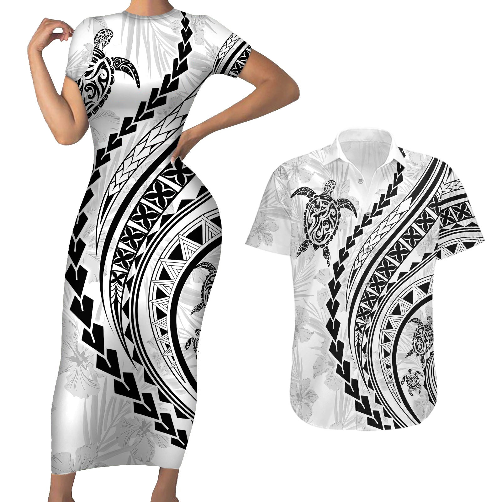 Polynesian Pride Couples Matching Short Sleeve Bodycon Dress and Hawaiian Shirt Turtle Hibiscus Luxury Style - White LT7 - Wonder Print Shop