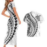 Polynesian Pride Couples Matching Short Sleeve Bodycon Dress and Hawaiian Shirt Turtle Hibiscus Luxury Style - White LT7 - Wonder Print Shop