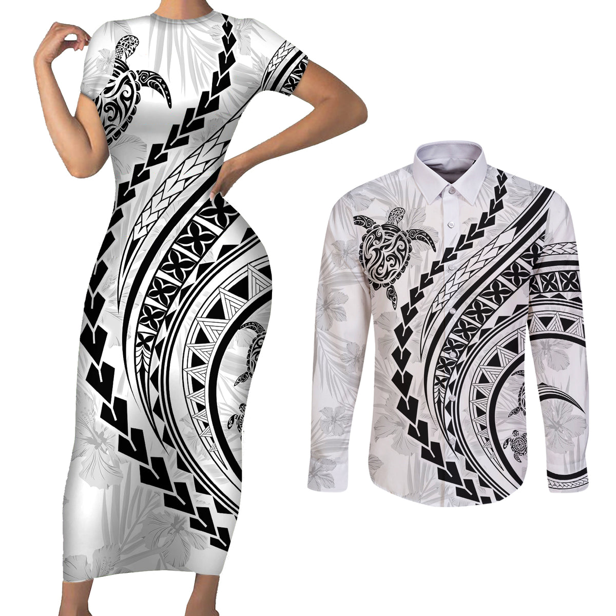 Polynesian Pride Couples Matching Short Sleeve Bodycon Dress and Long Sleeve Button Shirts Turtle Hibiscus Luxury Style - White LT7 - Wonder Print Shop