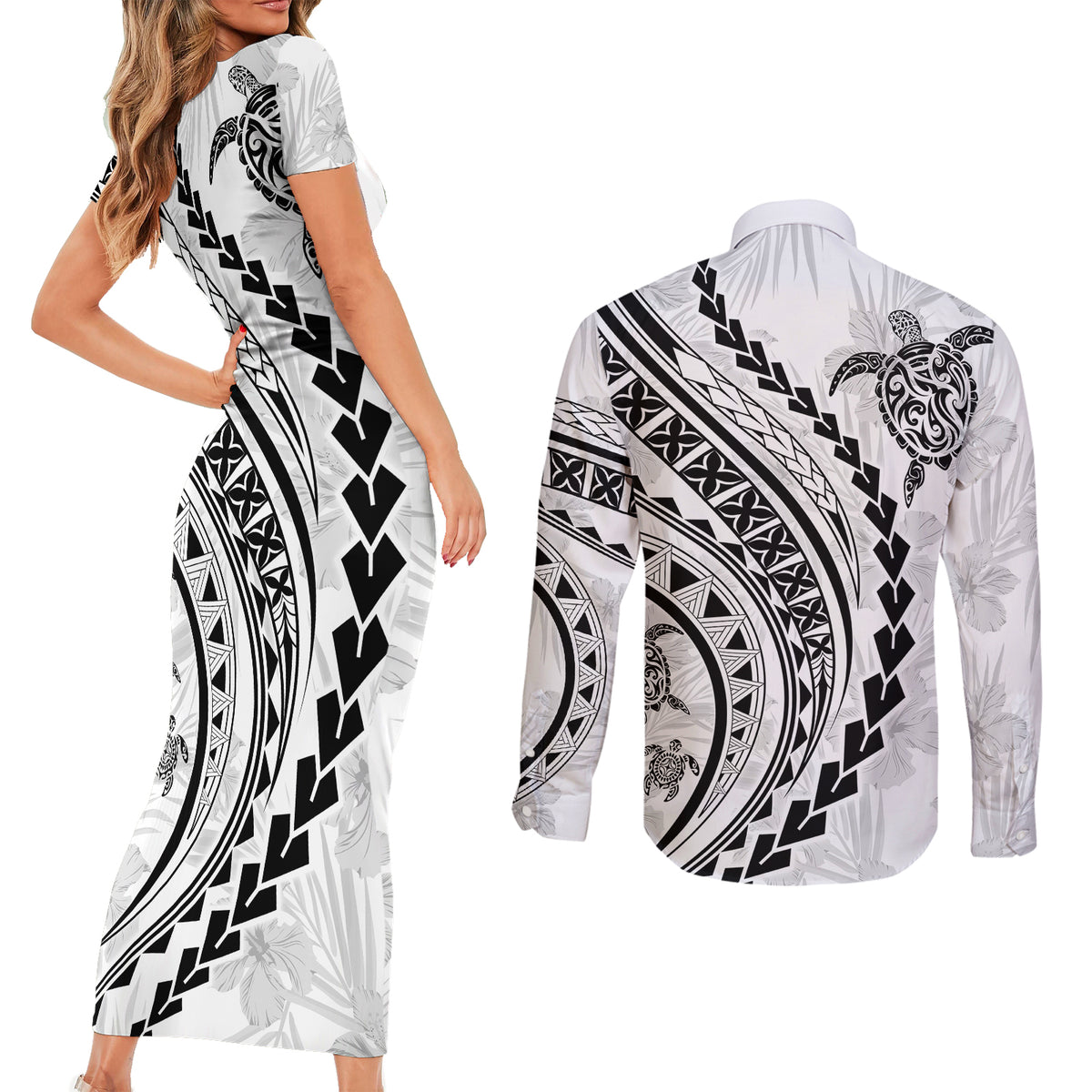 Polynesian Pride Couples Matching Short Sleeve Bodycon Dress and Long Sleeve Button Shirts Turtle Hibiscus Luxury Style - White LT7 - Wonder Print Shop