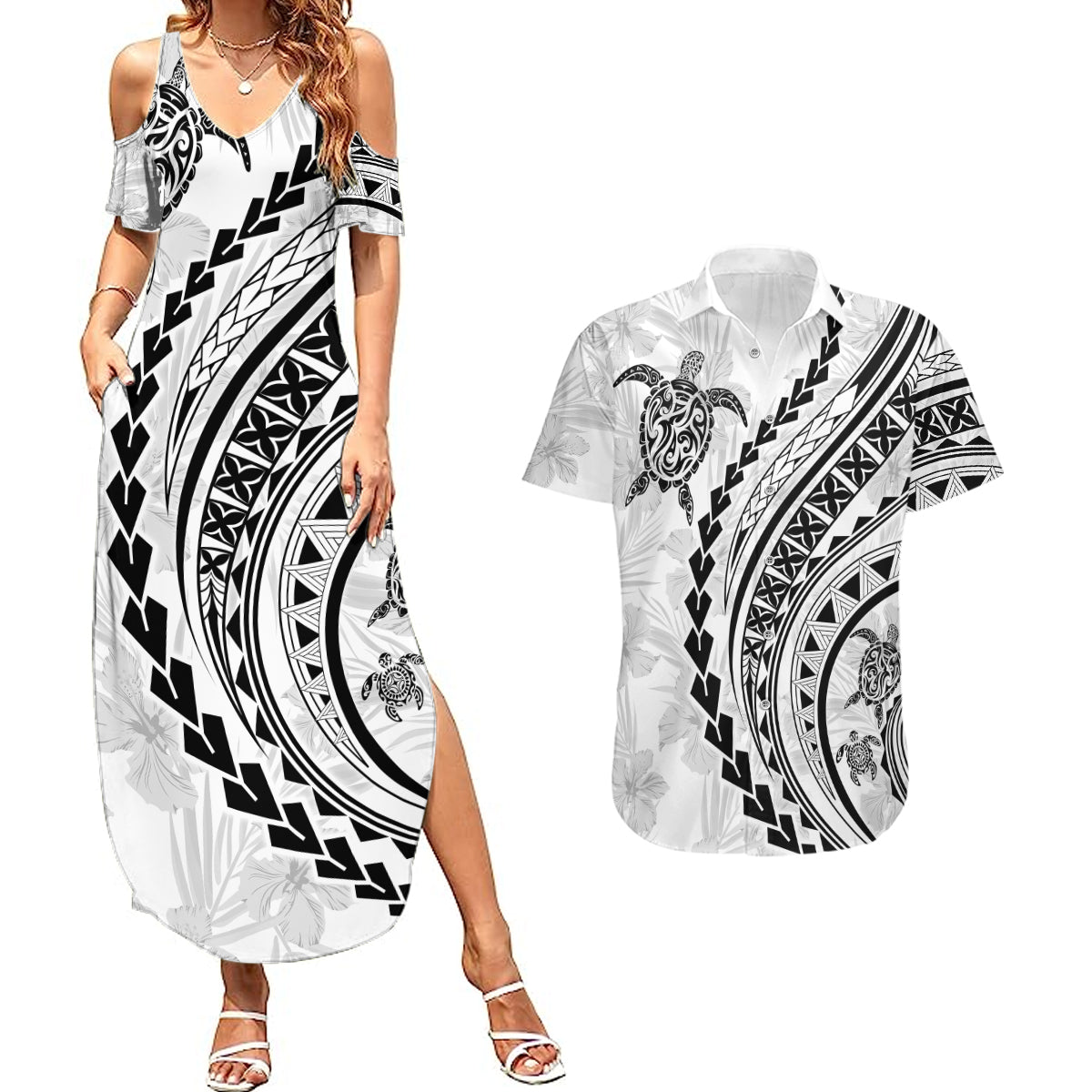 Polynesian Pride Couples Matching Summer Maxi Dress and Hawaiian Shirt Turtle Hibiscus Luxury Style - White LT7 - Wonder Print Shop
