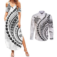 Polynesian Pride Couples Matching Summer Maxi Dress and Long Sleeve Button Shirts Turtle Hibiscus Luxury Style - White LT7 - Wonder Print Shop