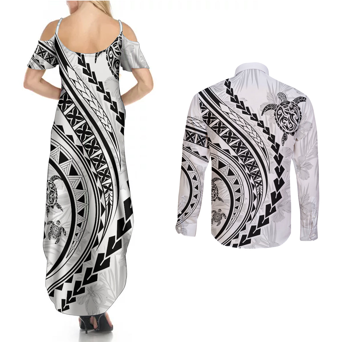 Polynesian Pride Couples Matching Summer Maxi Dress and Long Sleeve Button Shirts Turtle Hibiscus Luxury Style - White LT7 - Wonder Print Shop