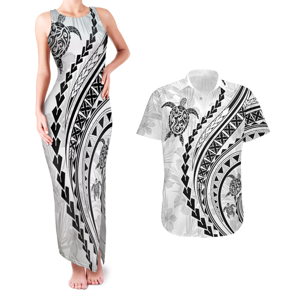 Polynesian Pride Couples Matching Tank Maxi Dress and Hawaiian Shirt Turtle Hibiscus Luxury Style - White LT7 - Wonder Print Shop