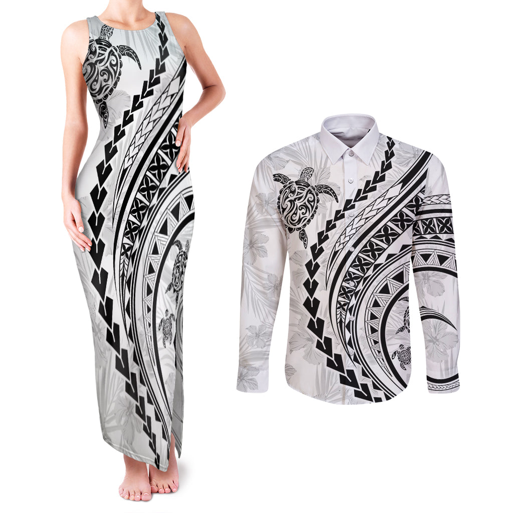 Polynesian Pride Couples Matching Tank Maxi Dress and Long Sleeve Button Shirts Turtle Hibiscus Luxury Style - White LT7 - Wonder Print Shop