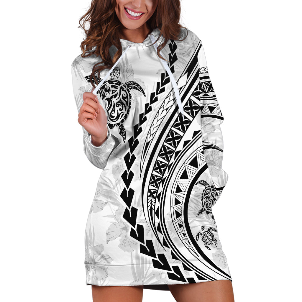 Polynesian Pride Hoodie Dress Turtle Hibiscus Luxury Style - White - Wonder Print Shop