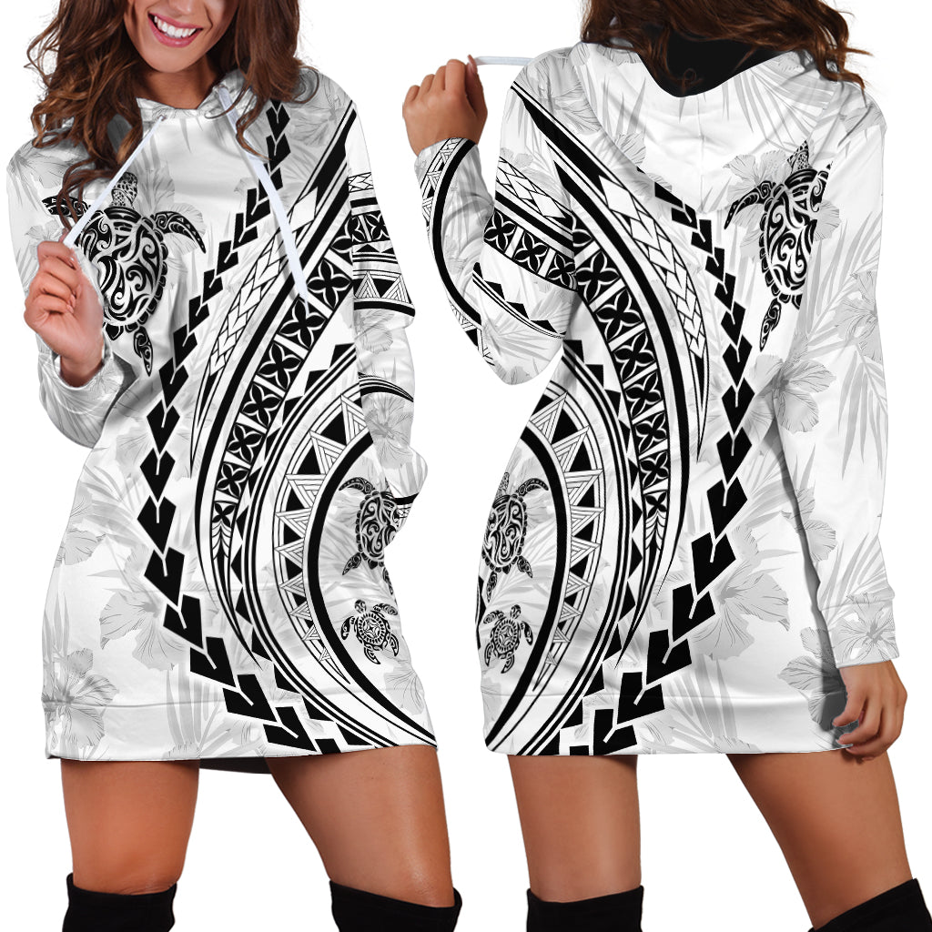 Polynesian Pride Hoodie Dress Turtle Hibiscus Luxury Style - White - Wonder Print Shop