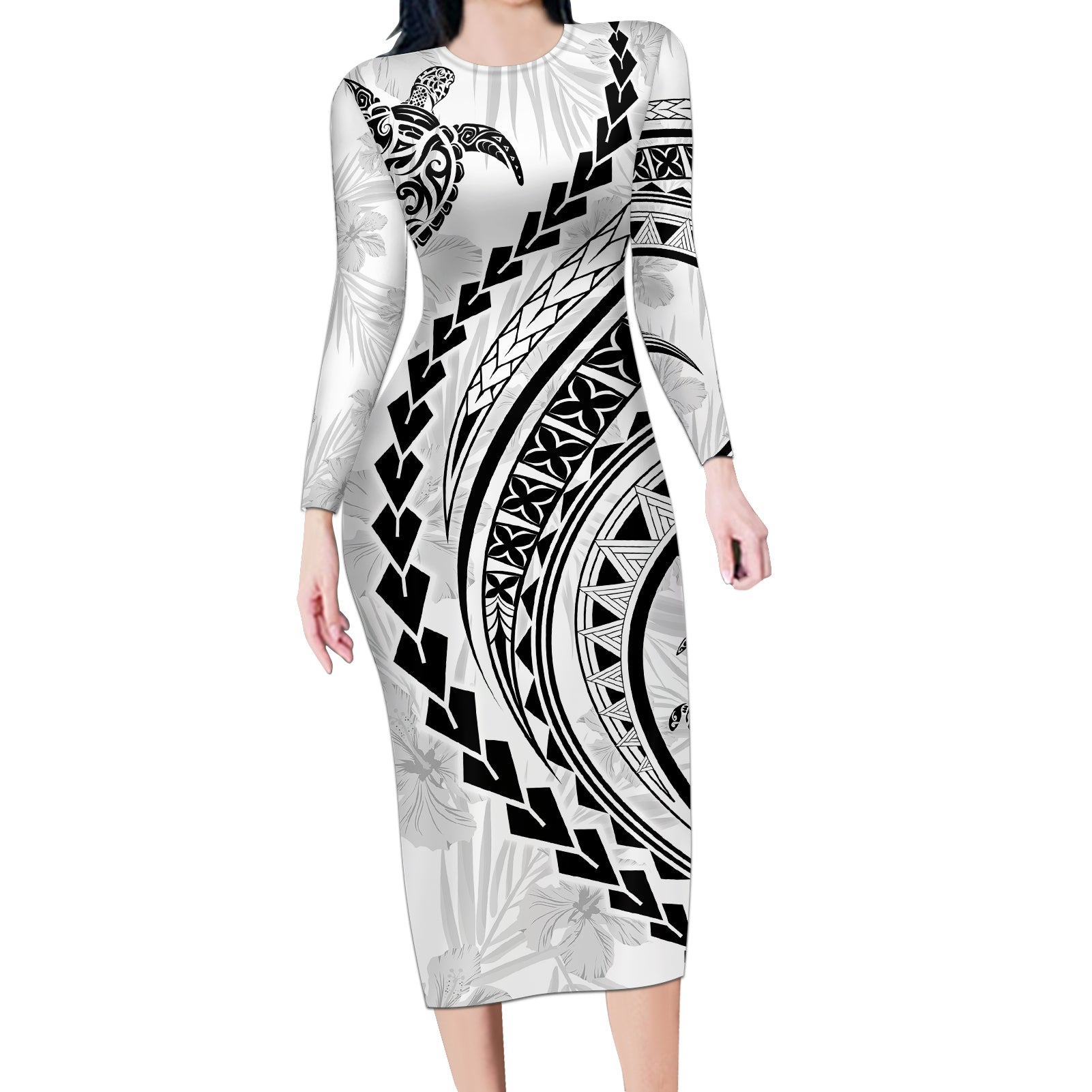 Polynesian Pride Long Sleeve Bodycon Dress Turtle Hibiscus Luxury Style - White - Wonder Print Shop
