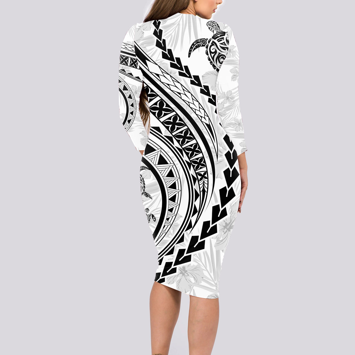 Polynesian Pride Long Sleeve Bodycon Dress Turtle Hibiscus Luxury Style - White - Wonder Print Shop