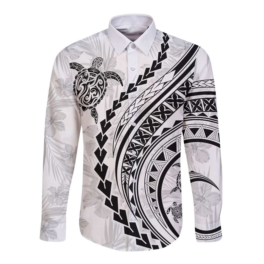 Polynesian Pride Long Sleeve Button Shirt Turtle Hibiscus Luxury Style - White - Wonder Print Shop