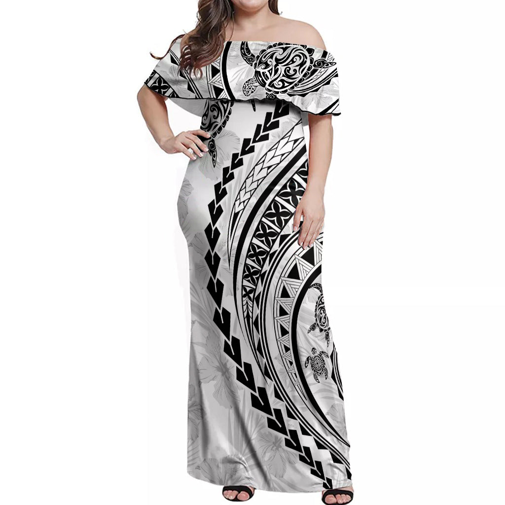 Polynesian Pride Off Shoulder Maxi Dress Turtle Hibiscus Luxury Style - White - Wonder Print Shop