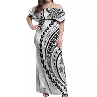 Polynesian Pride Off Shoulder Maxi Dress Turtle Hibiscus Luxury Style - White - Wonder Print Shop