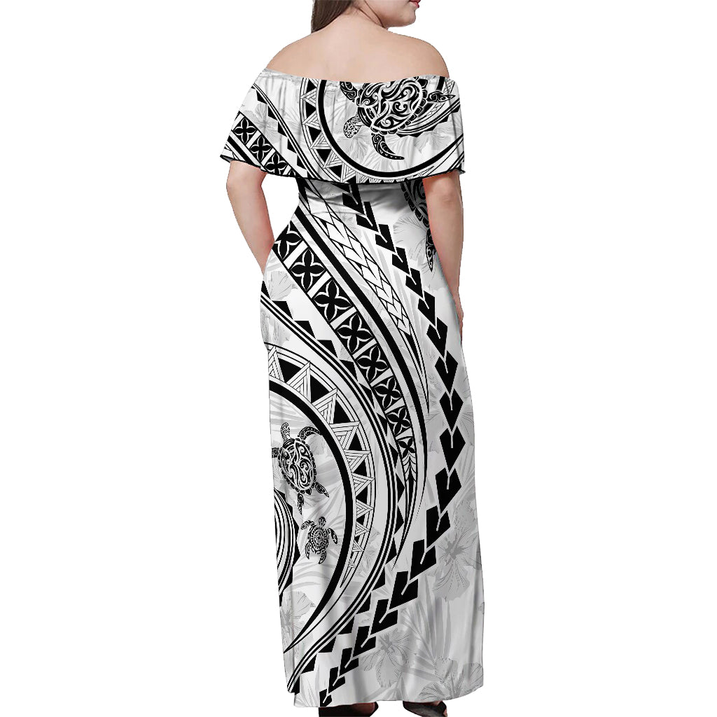 Polynesian Pride Off Shoulder Maxi Dress Turtle Hibiscus Luxury Style - White - Wonder Print Shop