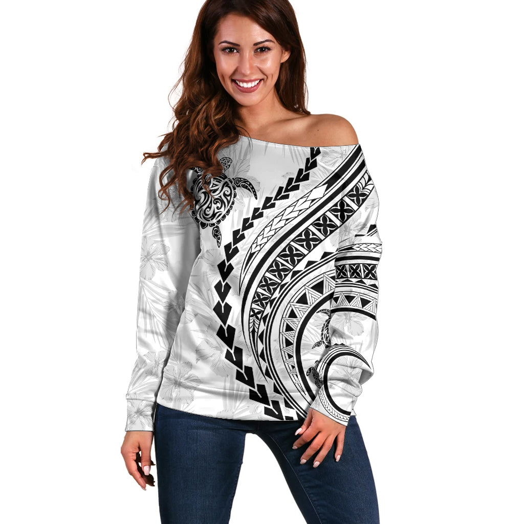Polynesian Pride Off Shoulder Sweater Turtle Hibiscus Luxury Style - White - Wonder Print Shop