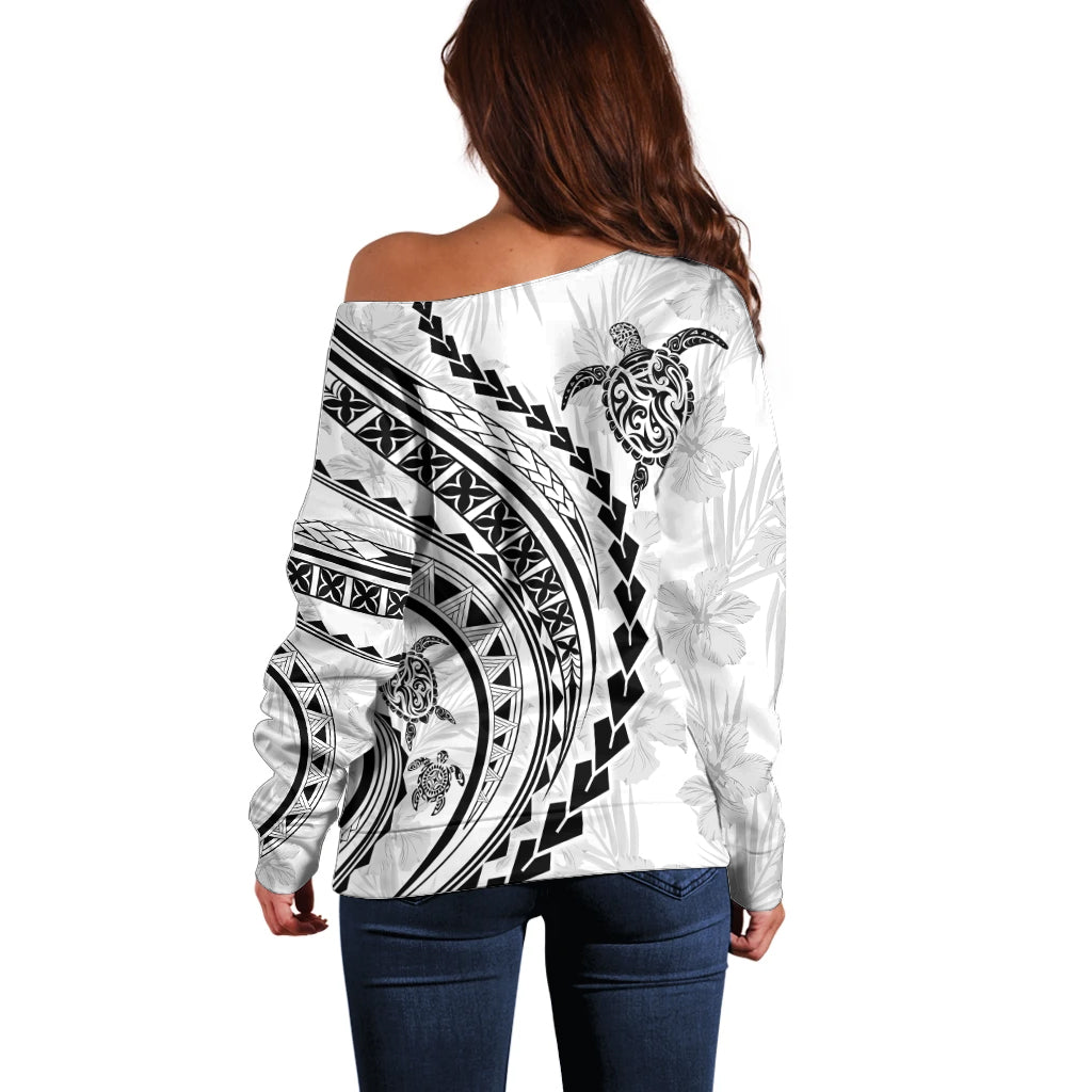 Polynesian Pride Off Shoulder Sweater Turtle Hibiscus Luxury Style - White - Wonder Print Shop