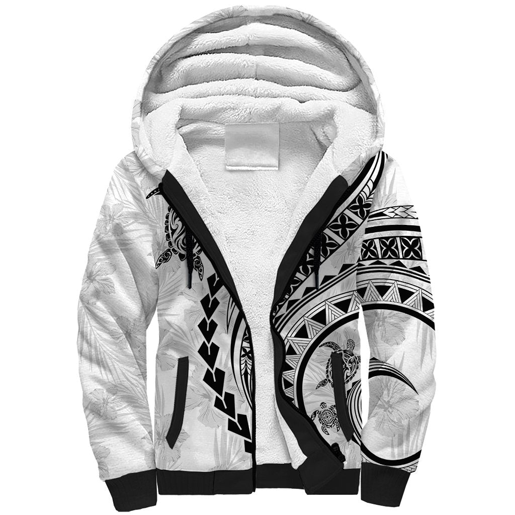 Polynesian Pride Sherpa Hoodie Turtle Hibiscus Luxury Style - White - Wonder Print Shop