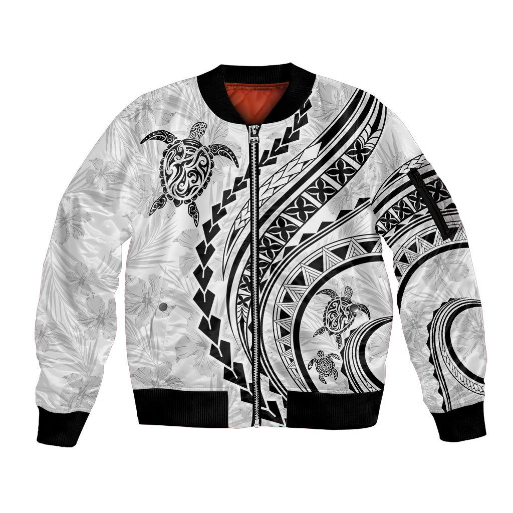 Polynesian Pride Sleeve Zip Bomber Jacket Turtle Hibiscus Luxury Style - White - Wonder Print Shop