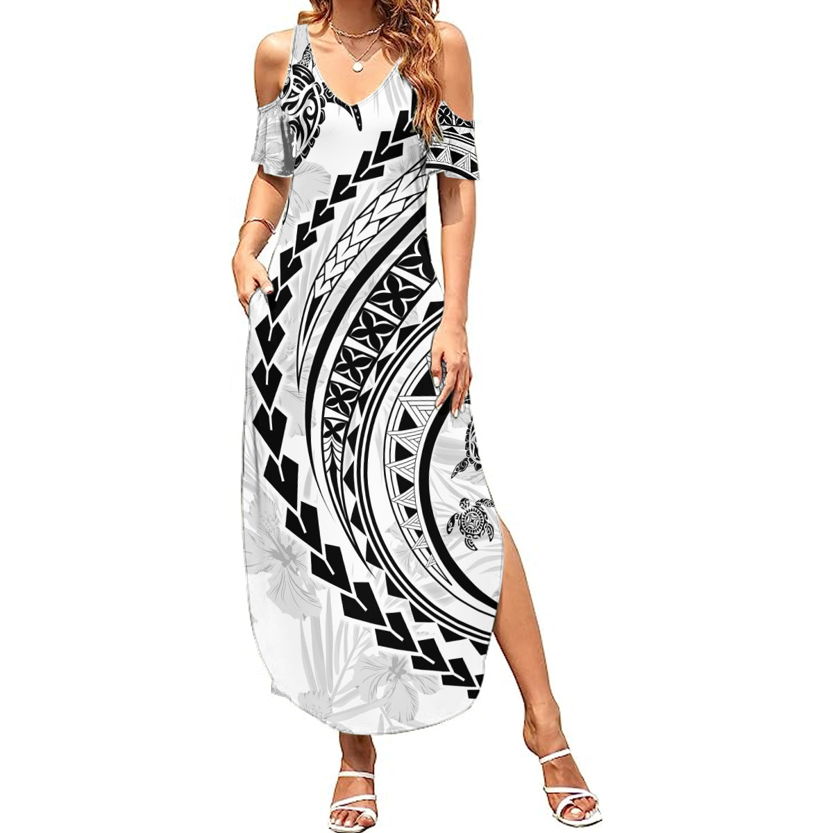 Polynesian Pride Summer Maxi Dress Turtle Hibiscus Luxury Style - White - Wonder Print Shop