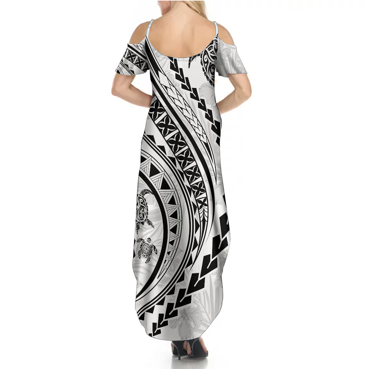 Polynesian Pride Summer Maxi Dress Turtle Hibiscus Luxury Style - White - Wonder Print Shop