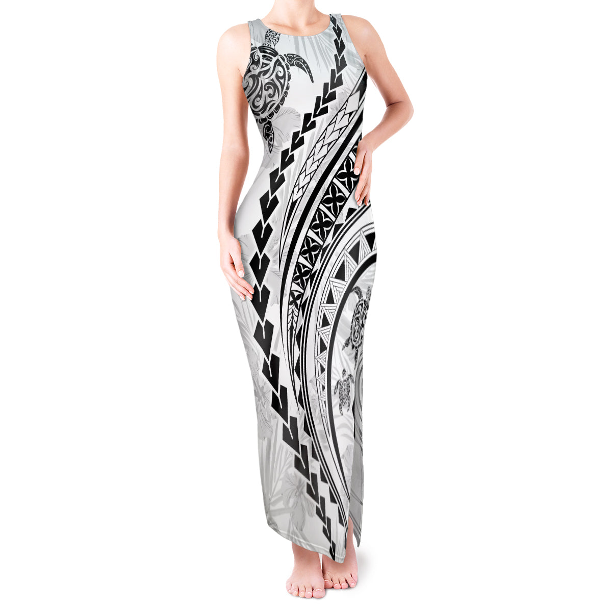 Polynesian Pride Tank Maxi Dress Turtle Hibiscus Luxury Style - White - Wonder Print Shop