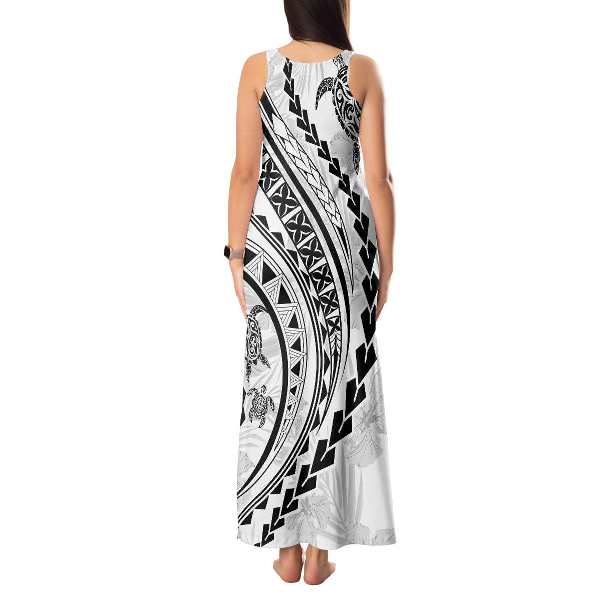 Polynesian Pride Tank Maxi Dress Turtle Hibiscus Luxury Style - White - Wonder Print Shop