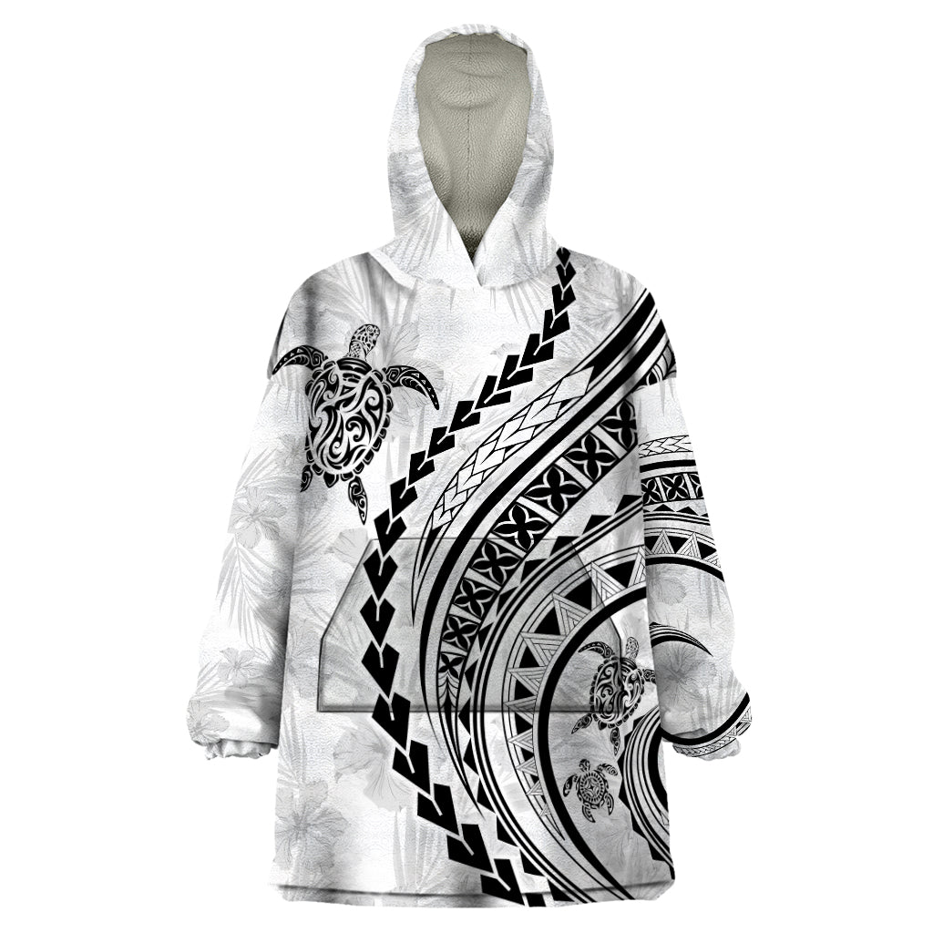 Polynesian Pride Wearable Blanket Hoodie Turtle Hibiscus Luxury Style - White - Wonder Print Shop