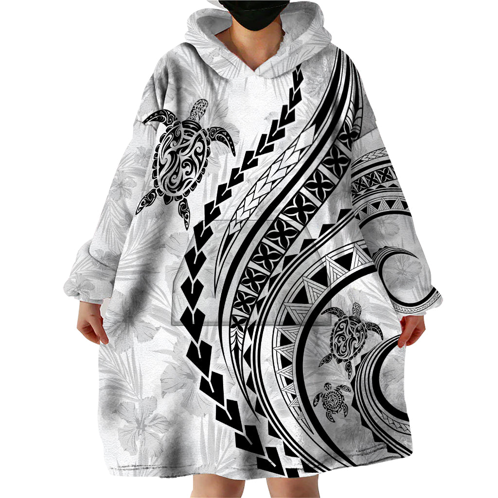 Polynesian Pride Wearable Blanket Hoodie Turtle Hibiscus Luxury Style - White - Wonder Print Shop
