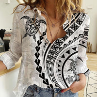 Polynesian Pride Women Casual Shirt Turtle Hibiscus Luxury Style - White - Wonder Print Shop