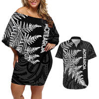Personalised New Zealand Rugby Couples Matching Off Shoulder Short Dress and Hawaiian Shirt World Cup 2023 Silver Fern Champions LT7 - Wonder Print Shop