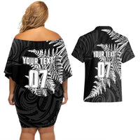 Personalised New Zealand Rugby Couples Matching Off Shoulder Short Dress and Hawaiian Shirt World Cup 2023 Silver Fern Champions LT7 - Wonder Print Shop