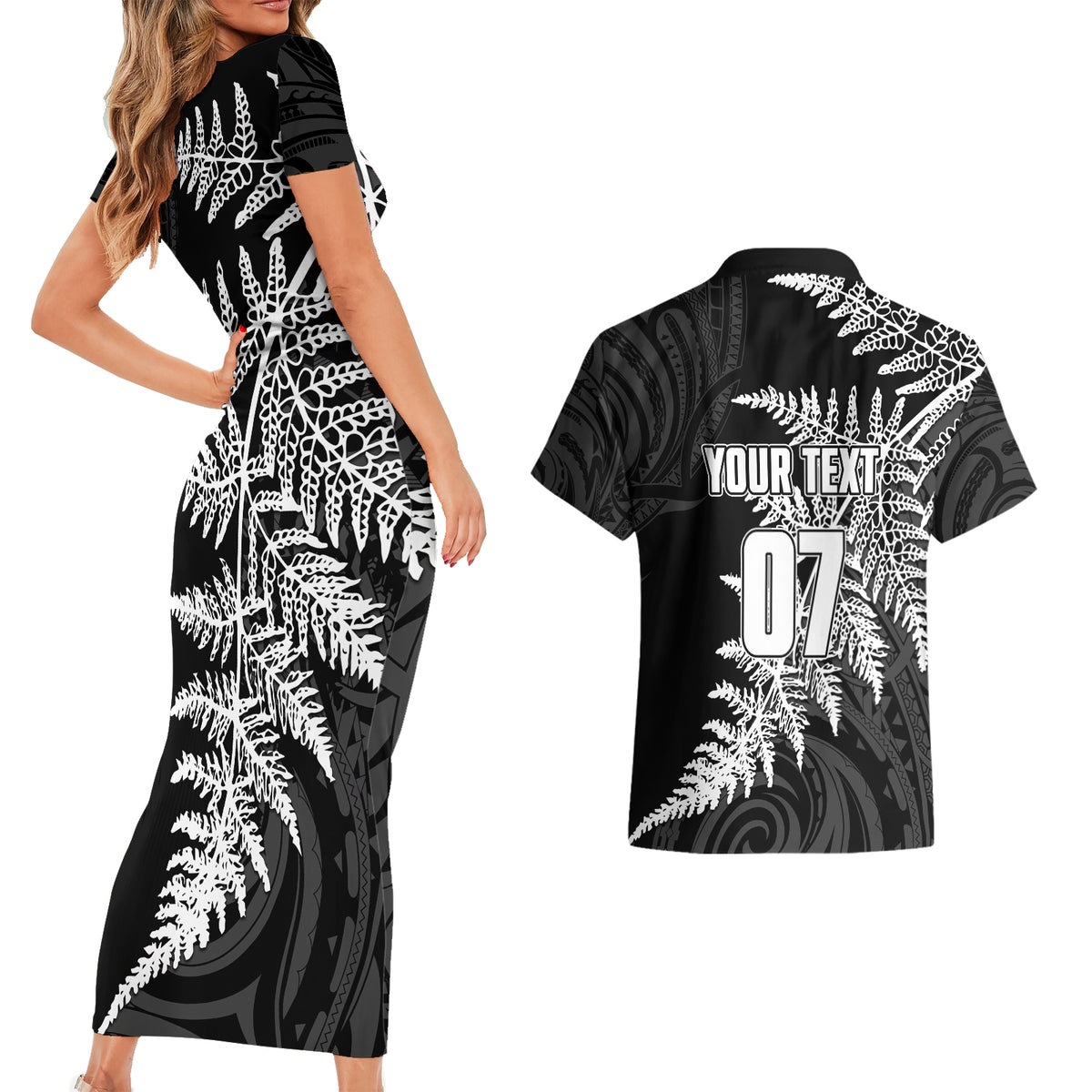 Personalised New Zealand Rugby Couples Matching Short Sleeve Bodycon Dress and Hawaiian Shirt World Cup 2023 Silver Fern Champions LT7 - Wonder Print Shop