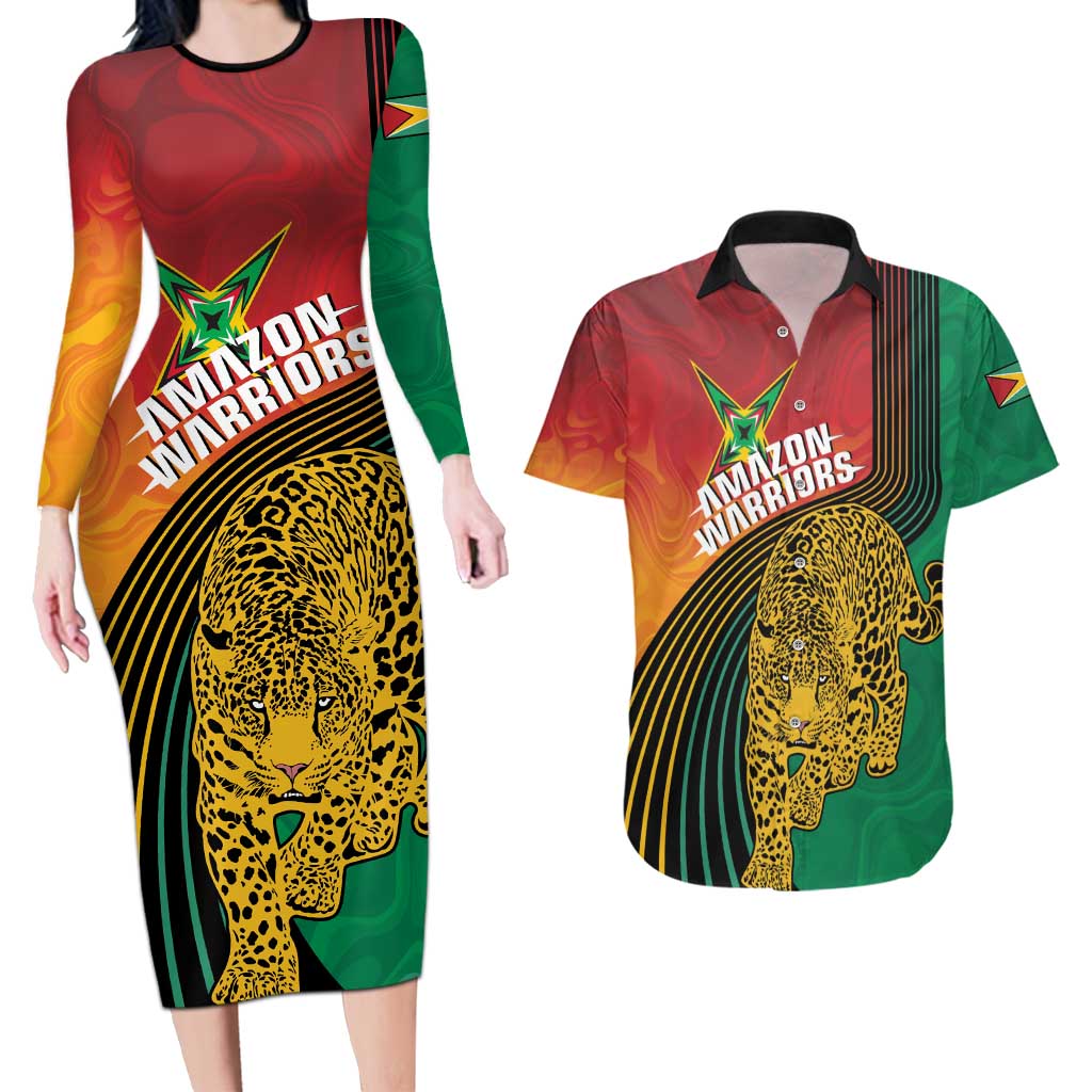 Guyana Cricket Amazon Warriors Personalized Couples Matching Long Sleeve Bodycon Dress and Hawaiian Shirt Fierce Jaguars - Wonder Print Shop