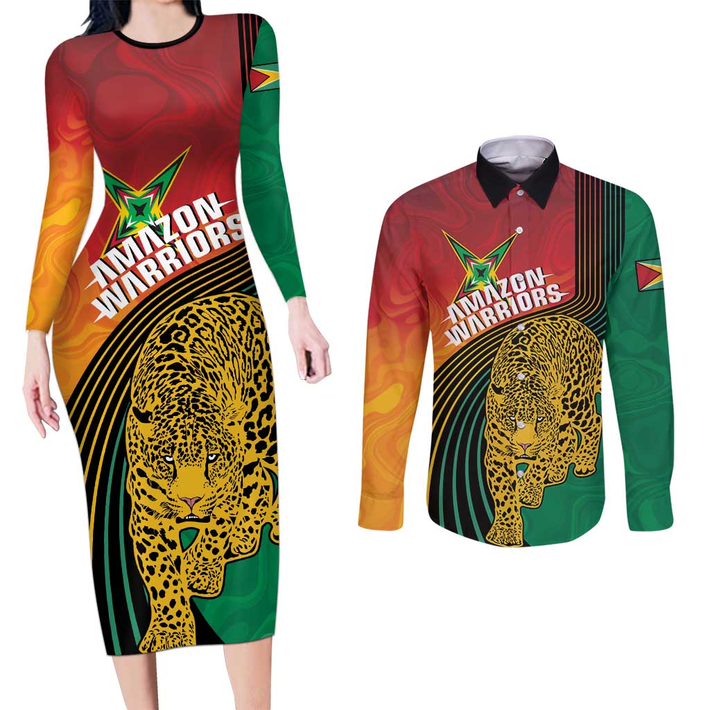 Guyana Cricket Amazon Warriors Personalized Couples Matching Long Sleeve Bodycon Dress and Long Sleeve Button Shirt Fierce Jaguars - Wonder Print Shop