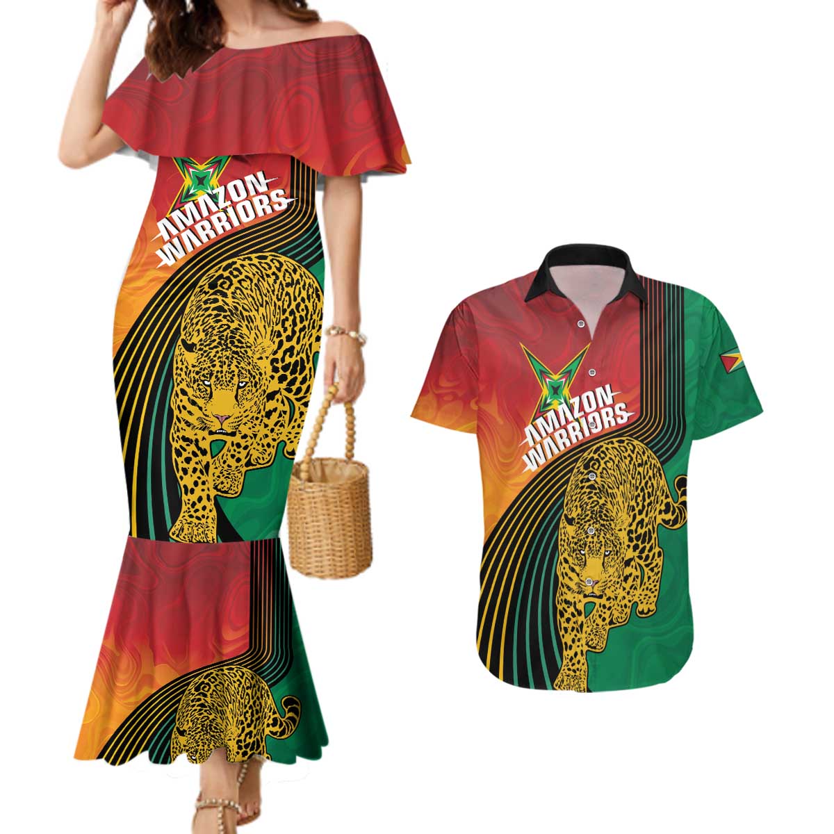Guyana Cricket Amazon Warriors Personalized Couples Matching Mermaid Dress and Hawaiian Shirt Fierce Jaguars - Wonder Print Shop
